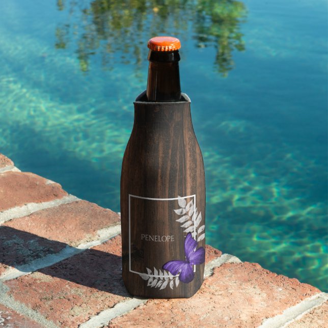 Rustic Purple Butterfly Personalized Bottle Cooler (In Situ Pool)