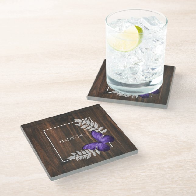 Rustic Purple Butterfly Personalized Glass Coaster (Angled)