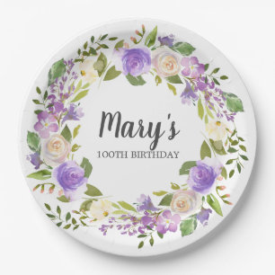 Rustic Purple Floral 100th Birthday Paper Plate