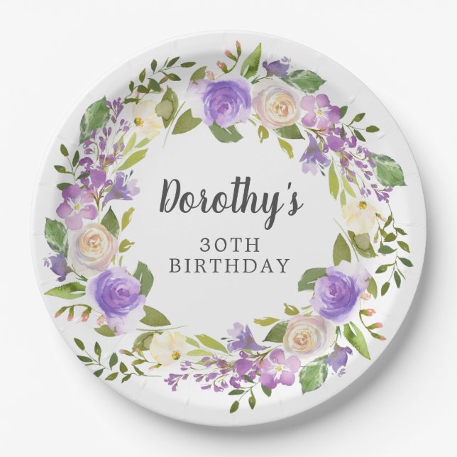 Rustic Purple Floral 30th Birthday Paper Plate (Front)