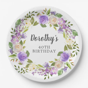 Rustic Purple Floral 40th Birthday Paper Plate