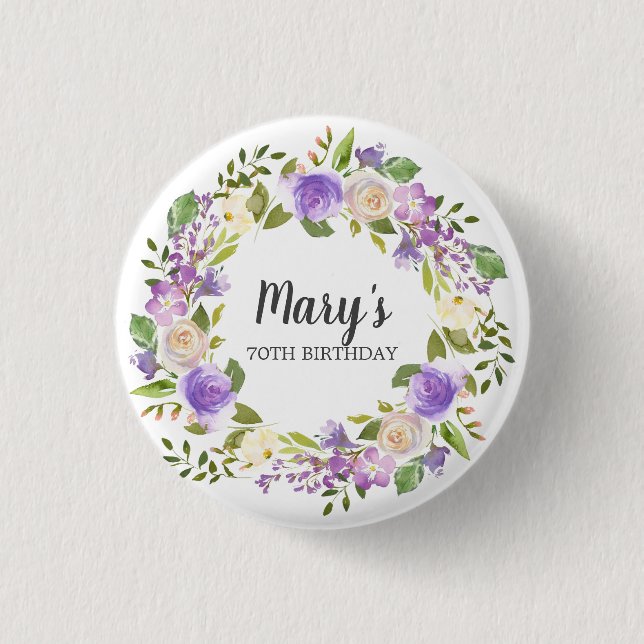 Rustic Purple Floral 70th Birthday Button (Front)