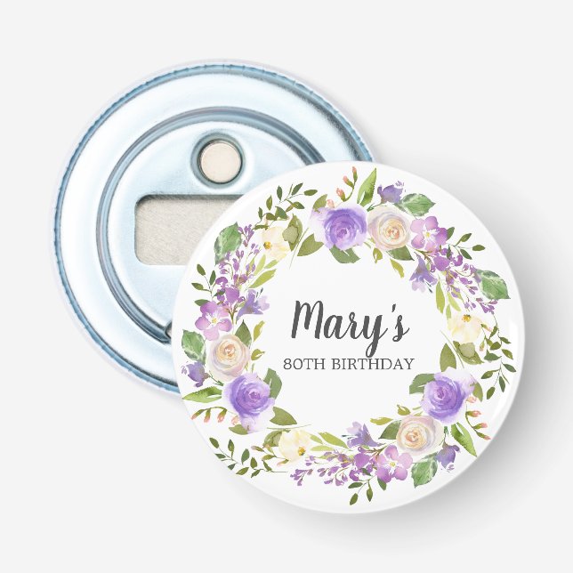 Rustic Purple Floral 80th Birthday Favour Bottle Opener (Front)