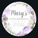 Rustic Purple Floral 90th Birthday Thank You Classic Round Sticker<br><div class="desc">Soft purple roses and bright purple buds create a beautifully rustic floral wreath. White hydrangeas at to the floral bloom. The birthday woman's name is written in a large script font. 90th Birthday and the thank you sentiment follow. This birthday sticker is part of the 90th Birthday Violette collection. It...</div>