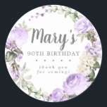 Rustic Purple Floral 90th Birthday Thank You Classic Round Sticker<br><div class="desc">Soft purple roses and bright purple buds create a beautifully rustic floral wreath. White hydrangeas at to the floral bloom. The birthday woman's name is written in a large script font. 90th Birthday and the thank you sentiment follow. This birthday sticker is part of the 90th Birthday Violette collection. It...</div>