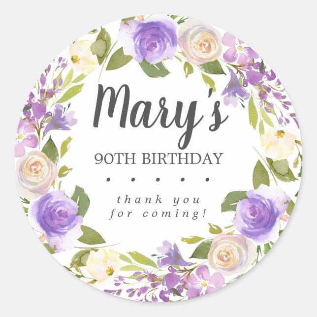 Rustic Purple Floral 90th Birthday Thank You Classic Round Sticker (Front)