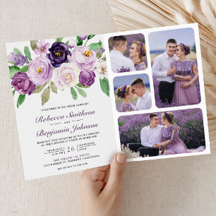 Rustic Purple Floral All in One QR Code Wedding Invitation