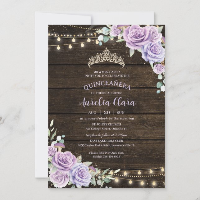Rustic Purple Floral Enchanted Forest Quinceañera Invitation (Front)