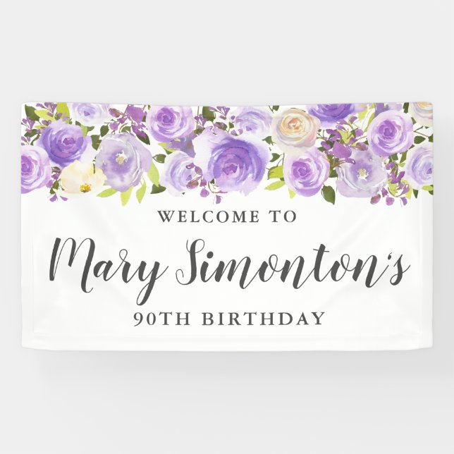 Rustic Purple Floral Greenery 90th Birthday Banner (Horizontal)