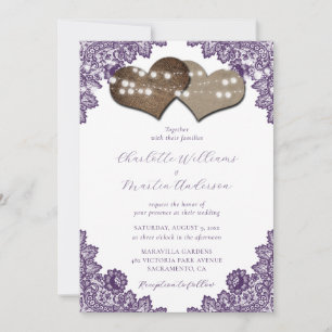 Rustic Purple Floral Lace Burlap Hearts Wedding Invitation