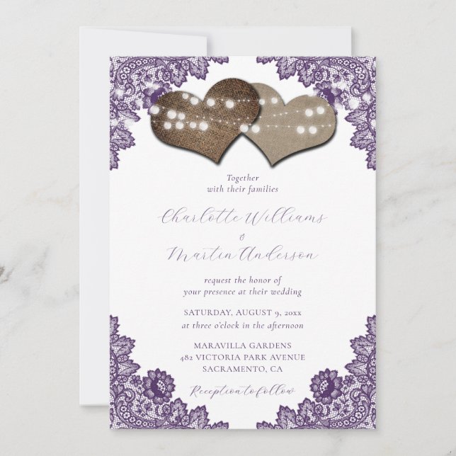 Rustic Purple Floral Lace Burlap Hearts Wedding Invitation (Front)