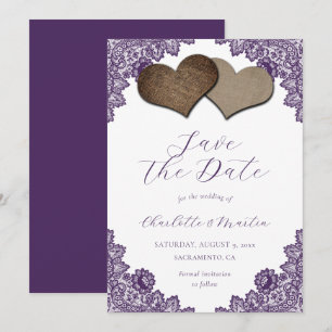 Rustic Purple Floral Lace Burlap Hearts Wedding Save The Date