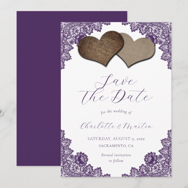 Rustic Purple Floral Lace Burlap Hearts Wedding Save The Date (Front/Back)