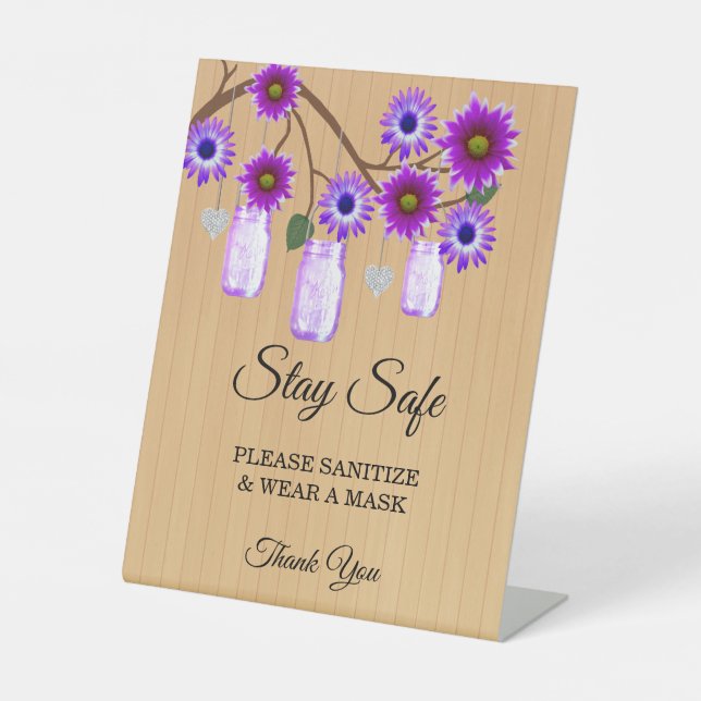 Rustic Purple Floral Mason Jars Wedding Safety Pedestal Sign (Front)