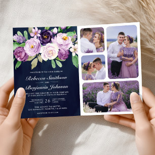 Rustic Purple Floral QR Code Navy Blue Wedding Invitation