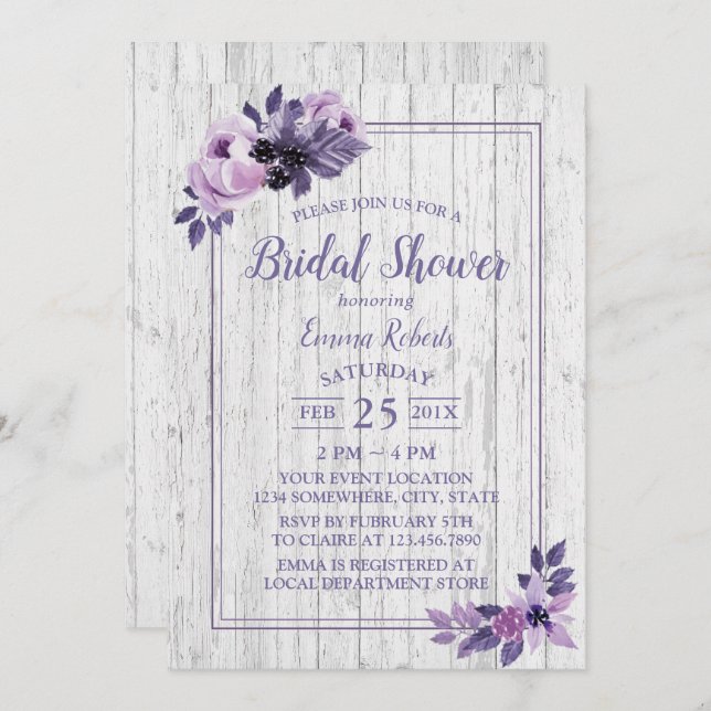 Rustic Purple Floral Spring Wedding Bridal Shower Invitation (Front/Back)
