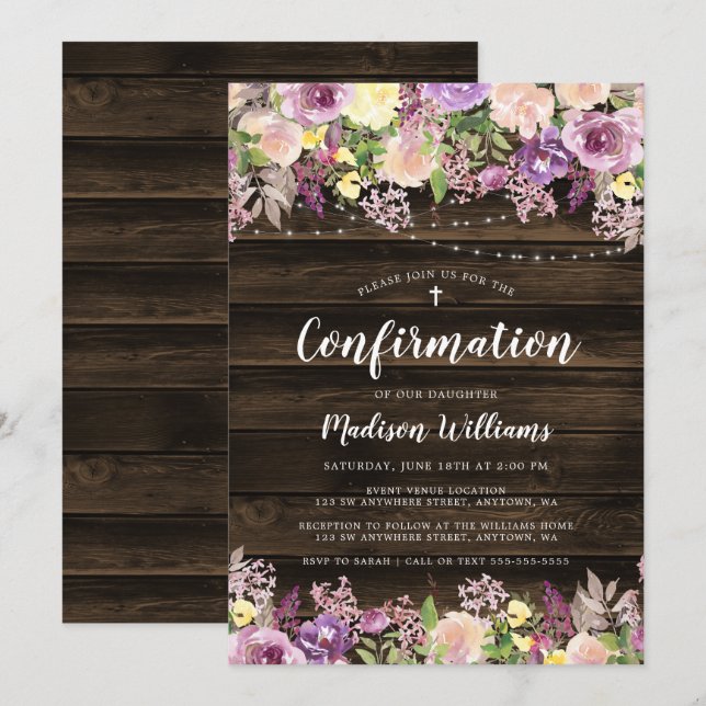 Rustic Purple Floral String Light Confirmation Invitation (Front/Back)