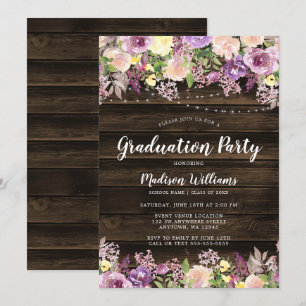 Rustic Purple Floral String Light Graduation Party Invitation