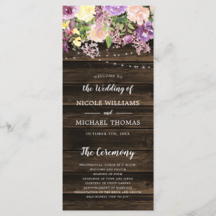 Rustic Purple Floral String Lights Wedding Program
