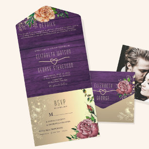 Rustic Purple Floral Wedding All In One Invitation