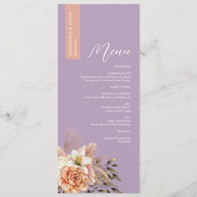 Rustic Purple Floral Wedding Menu with Name (Front)