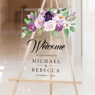 Rustic Purple Floral Wedding Welcome Acrylic Sign