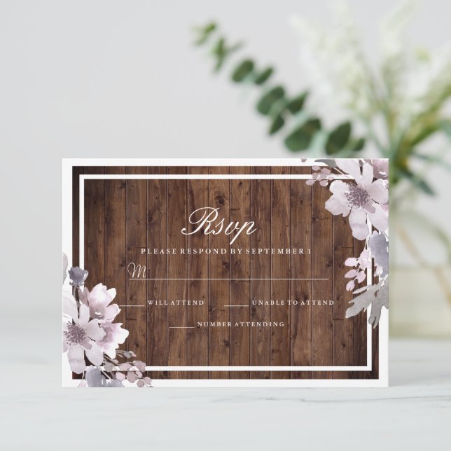 Rustic Purple Floral Winter Wedding RSVP Card (Standing Front)