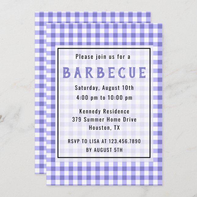 Rustic Purple Gingham Farmhouse BBQ Party Invitation (Front/Back)
