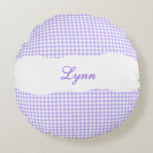 Rustic Purple Gingham Personalized Name Round Pillow