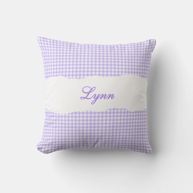 Rustic Purple Gingham Personalized Name Throw Pillow (Front)