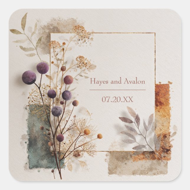 Rustic Purple & Gold Folk Art Wedding  Square Sticker (Front)