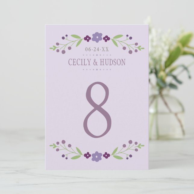 Rustic Purple Green Floral Table Number Card (Standing Front)