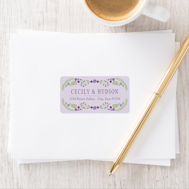 Rustic Purple Green Floral Wedding Return Address Label (Insitu)