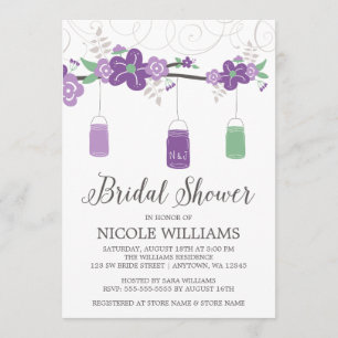 Rustic Purple Green Mason Jar Branch Bridal Shower Invitation
