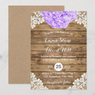 Rustic Purple Hydrangea Floral Lace Barn Wedding Invitation