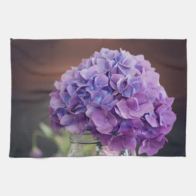 Rustic Purple Hydrangea in Mason Jar Photograph Kitchen Towel (Horizontal)