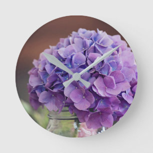 Rustic Purple Hydrangea in Mason Jar Photograph Round Clock
