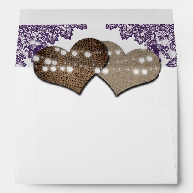 Rustic Purple Lace Hearts Wedding Return Address Envelope (Back (Bottom))