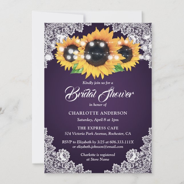 Rustic Purple Lace Sunflower Bridal Shower Invitation (Front)