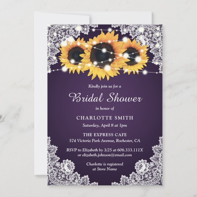 Rustic Purple Lace Sunflower Bridal Shower Invitation (Front)