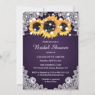 Rustic Purple Lace Sunflower Bridal Shower Invitation