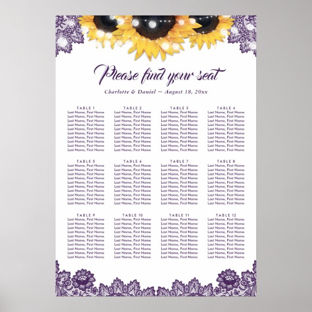 Rustic Purple Lace Sunflower Seating Chart 12 (Front)