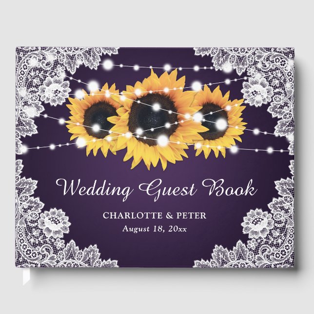 Rustic Purple Lace Sunflower Wedding Guest Book (Front)