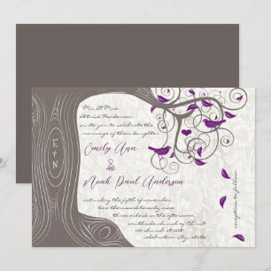 Rustic Purple Love Bird Romantic Tree Wedding Invitation