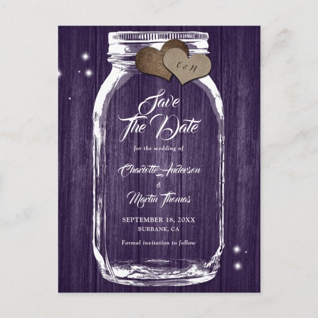 Rustic Purple Mason Jar Fall Wedding Save The Date Announcement Postcard (Front)