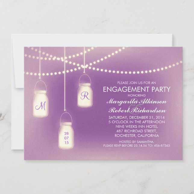 rustic purple mason jar lights engagement party invitation (Front)