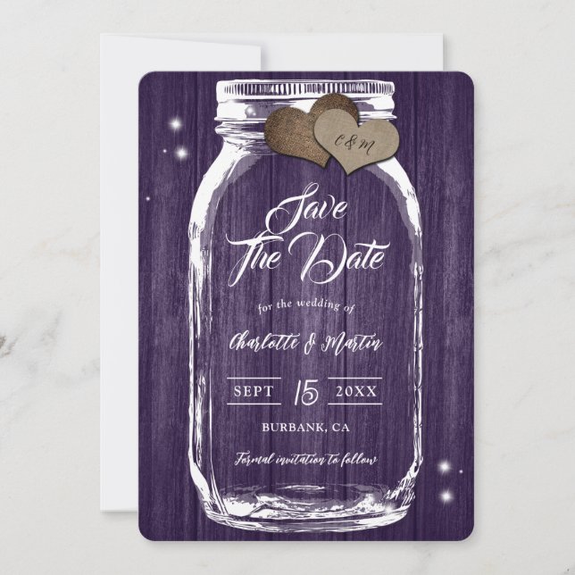 Rustic Purple Mason Jar Wood Fall Wedding Save The Date (Front)