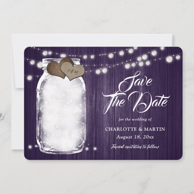 Rustic Purple Mason Jar Wood String Lights Wedding Save The Date (Front)