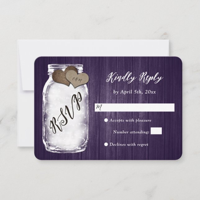Rustic Purple Mason Jar Wood Wedding RSVP Card (Front)