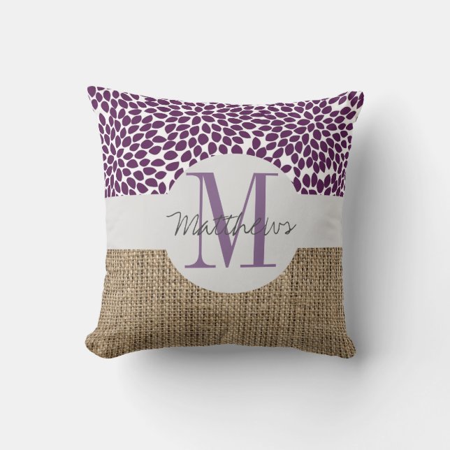 Rustic purple monogram burlap throw pillow (Front)
